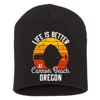 Sunset Haystack Rock Souvenir Life Is Better At Cannon Beach Short Acrylic Beanie