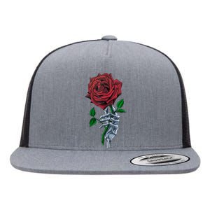 Skeleton Hand Red Rose Flower Flat Bill Trucker Hat