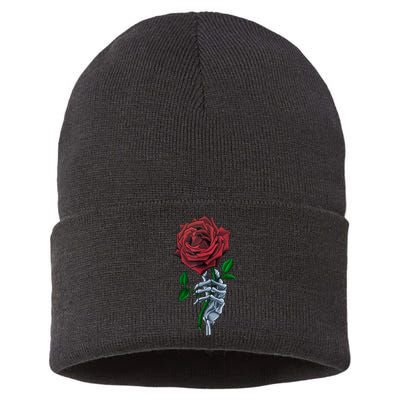 Skeleton Hand Red Rose Flower Sustainable Knit Beanie