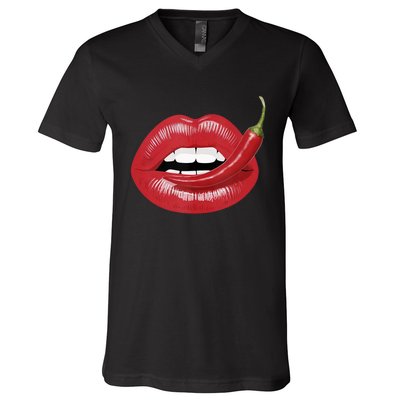 Sexy Hot Red Chili Pepper Lips V-Neck T-Shirt