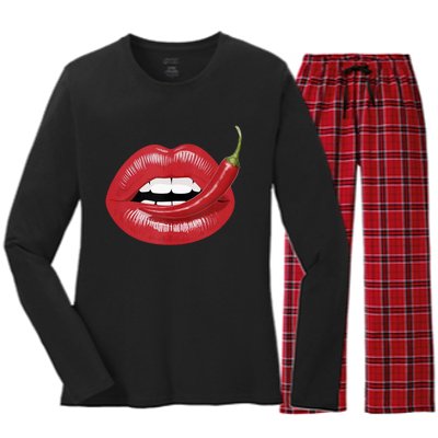 Sexy Hot Red Chili Pepper Lips Women's Long Sleeve Flannel Pajama Set 