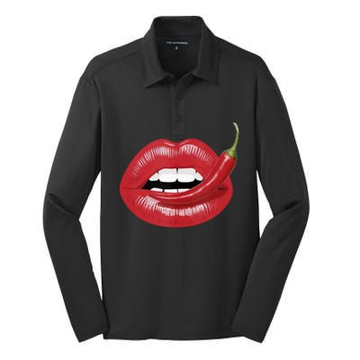 Sexy Hot Red Chili Pepper Lips Silk Touch Performance Long Sleeve Polo