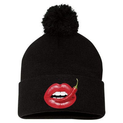 Sexy Hot Red Chili Pepper Lips Pom Pom 12in Knit Beanie