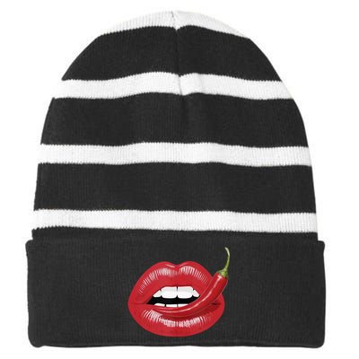 Sexy Hot Red Chili Pepper Lips Striped Beanie with Solid Band