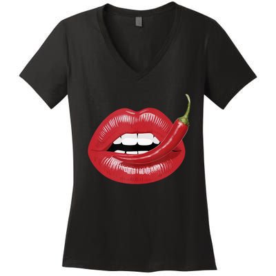 Sexy Hot Red Chili Pepper Lips Women's V-Neck T-Shirt