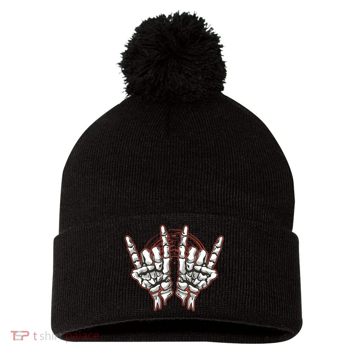Skeleton Hands Rock And Roll Pom Pom 12in Knit Beanie