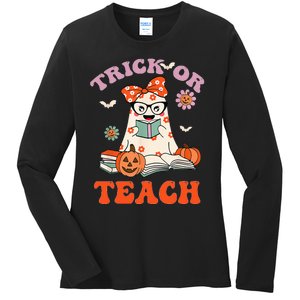 Spooky Halloween Retro Floral Ghost Teacher Costume Ladies Long Sleeve Shirt