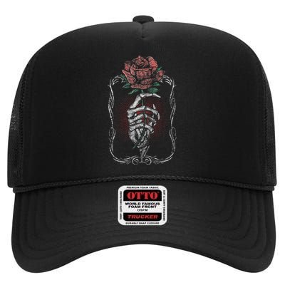 Skeleton Hand Rose Red Flower Gothic Tattoo Skull Occult High Crown Mesh Back Trucker Hat