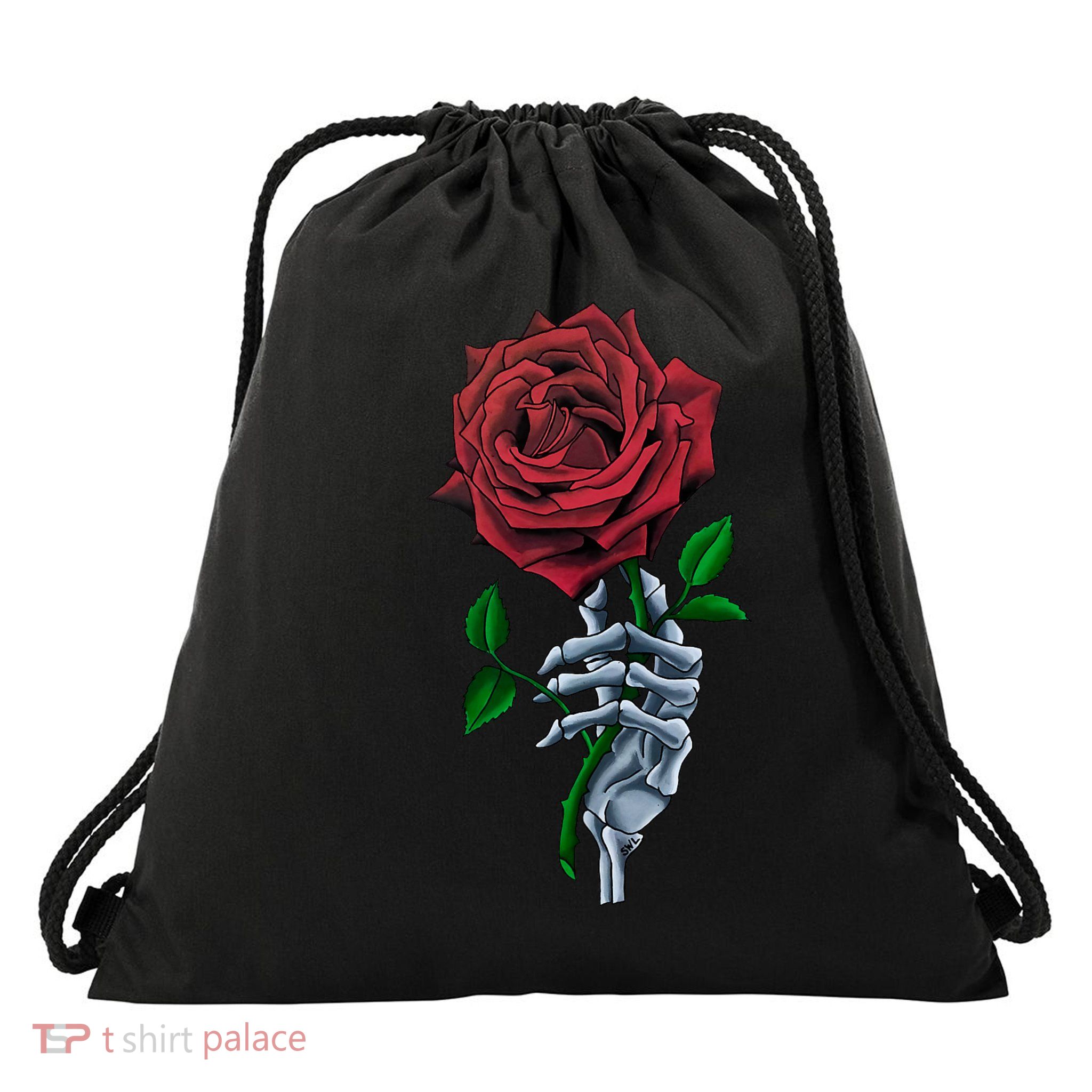 Skeleton Hand Red Rose Flower Drawstring Bag