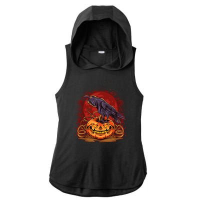 Spooky Halloween Raven Crow Jacklantern Pumpkin Ladies PosiCharge Tri-Blend Wicking Draft Hoodie Tank