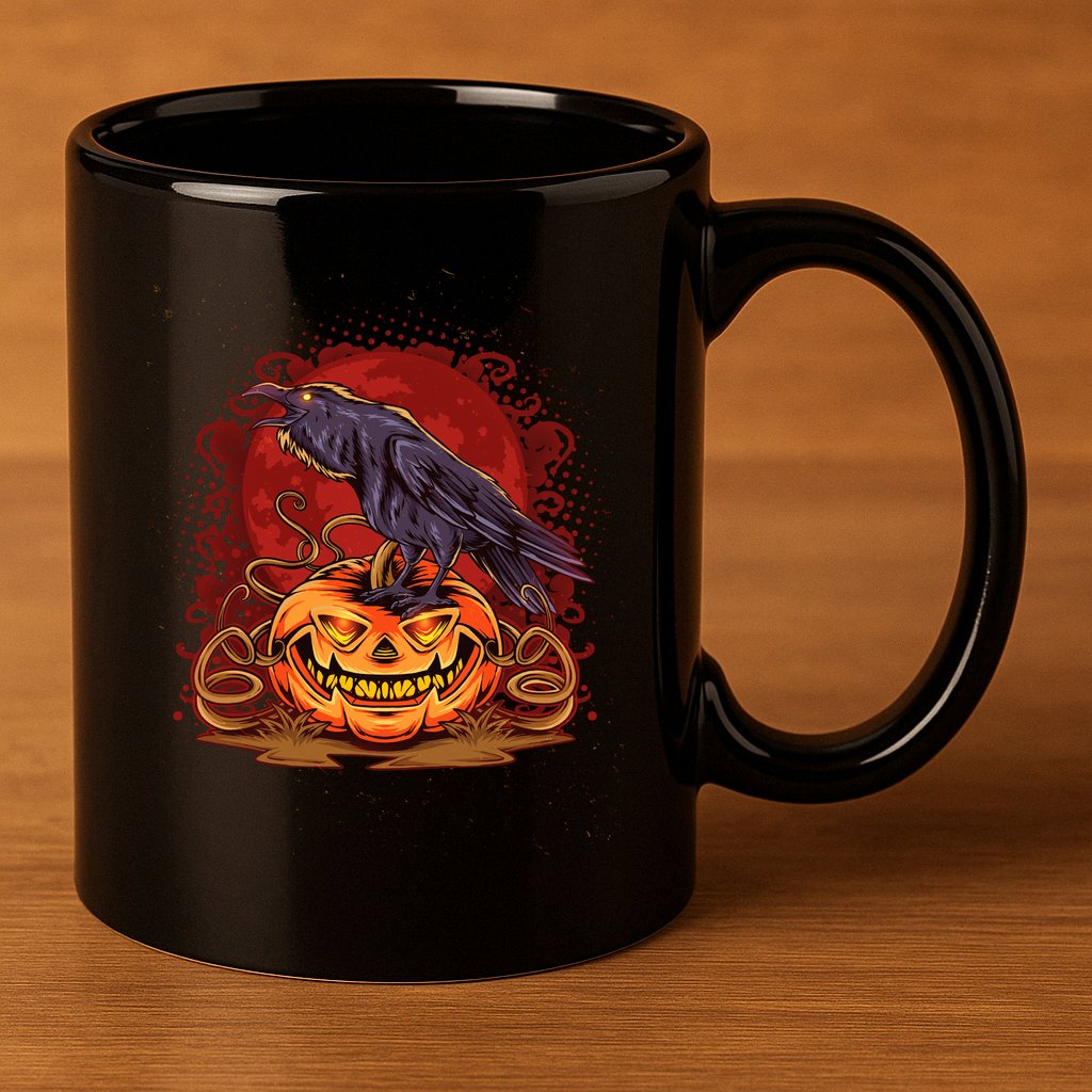 Spooky Halloween Raven Crow Jacklantern Pumpkin 11oz C Handle Ceramic Mug