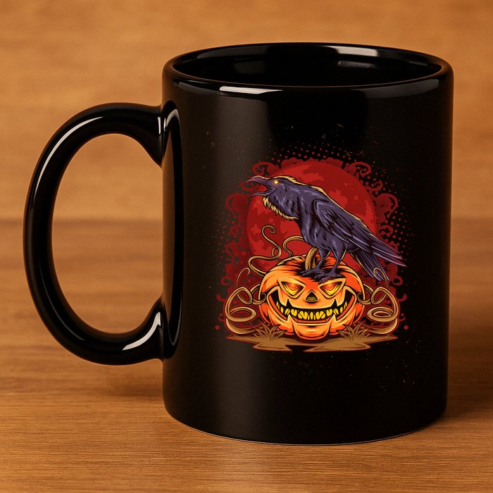 Spooky Halloween Raven Crow Jacklantern Pumpkin 11oz C Handle Ceramic Mug