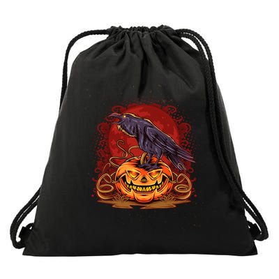 Spooky Halloween Raven Crow Jacklantern Pumpkin Drawstring Bag