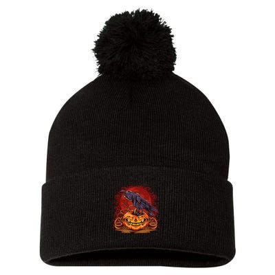 Spooky Halloween Raven Crow Jacklantern Pumpkin Pom Pom 12in Knit Beanie