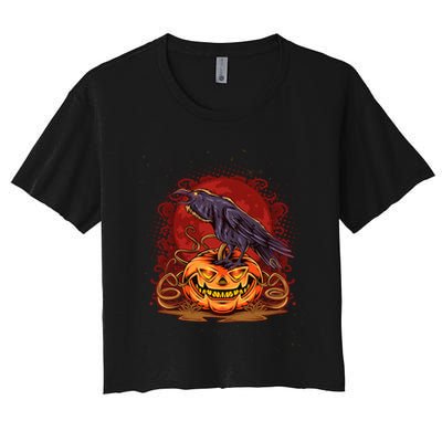Spooky Halloween Raven Crow Jacklantern Pumpkin Crop Top