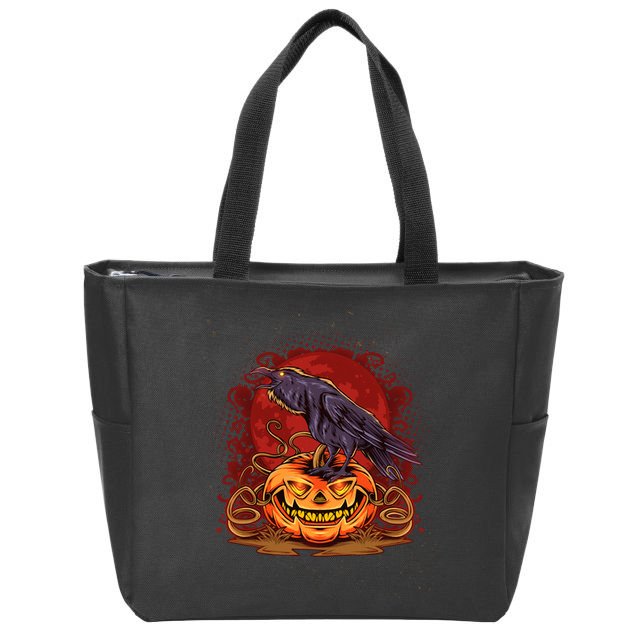 Spooky Halloween Raven Crow Jacklantern Pumpkin Zip Tote Bag