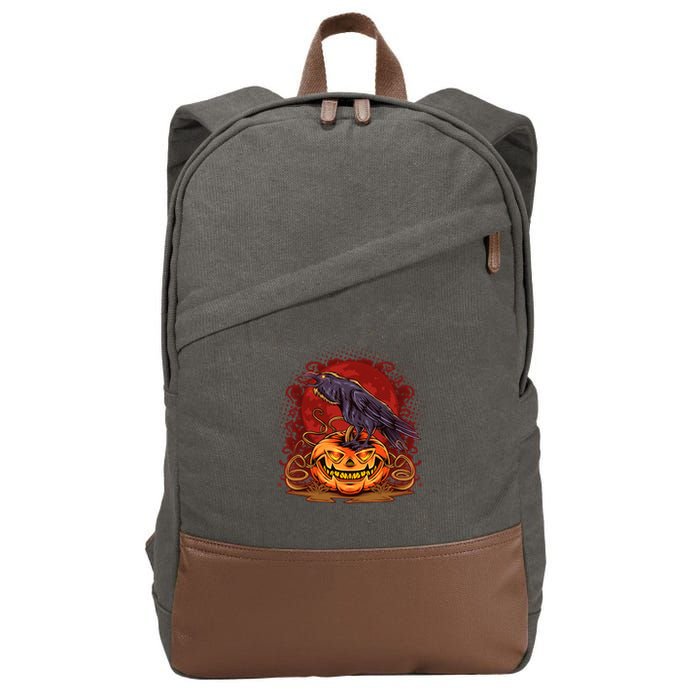 Spooky Halloween Raven Crow Jacklantern Pumpkin Cotton Canvas Backpack