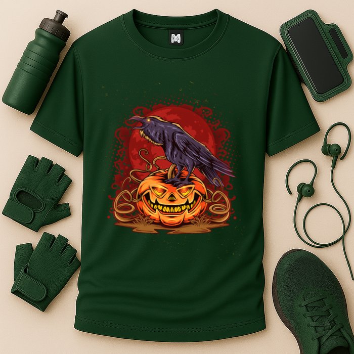 Spooky Halloween Raven Crow Jacklantern Pumpkin Cooling Performance Crew T-Shirt