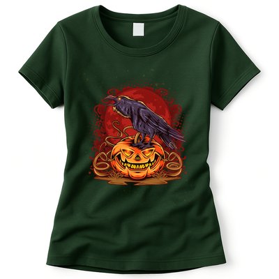 Spooky Halloween Raven Crow Jacklantern Pumpkin Womens T-Shirt