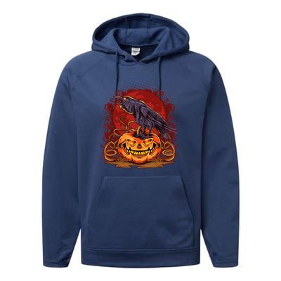 Spooky Halloween Raven Crow Jacklantern Pumpkin Performance Fleece Hoodie