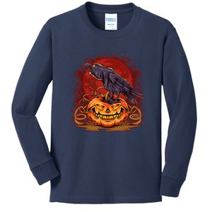 Spooky Halloween Raven Crow Jacklantern Pumpkin Kids Long Sleeve Shirt