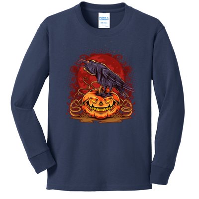 Spooky Halloween Raven Crow Jacklantern Pumpkin Kids Long Sleeve Shirt