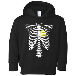 Softball Heart Skeleton Rib Cage Halloween Love Softball Toddler Hoodie