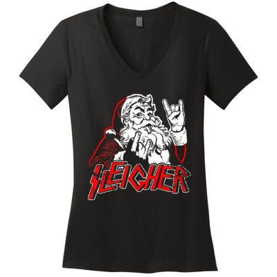 Sleigher Hail Santa Heavy Metal Christmas Women's V-Neck T-Shirt