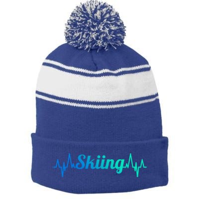 Ski Heartbeat Skiing Enthusiast Cute Gift Stripe Pom Pom Beanie