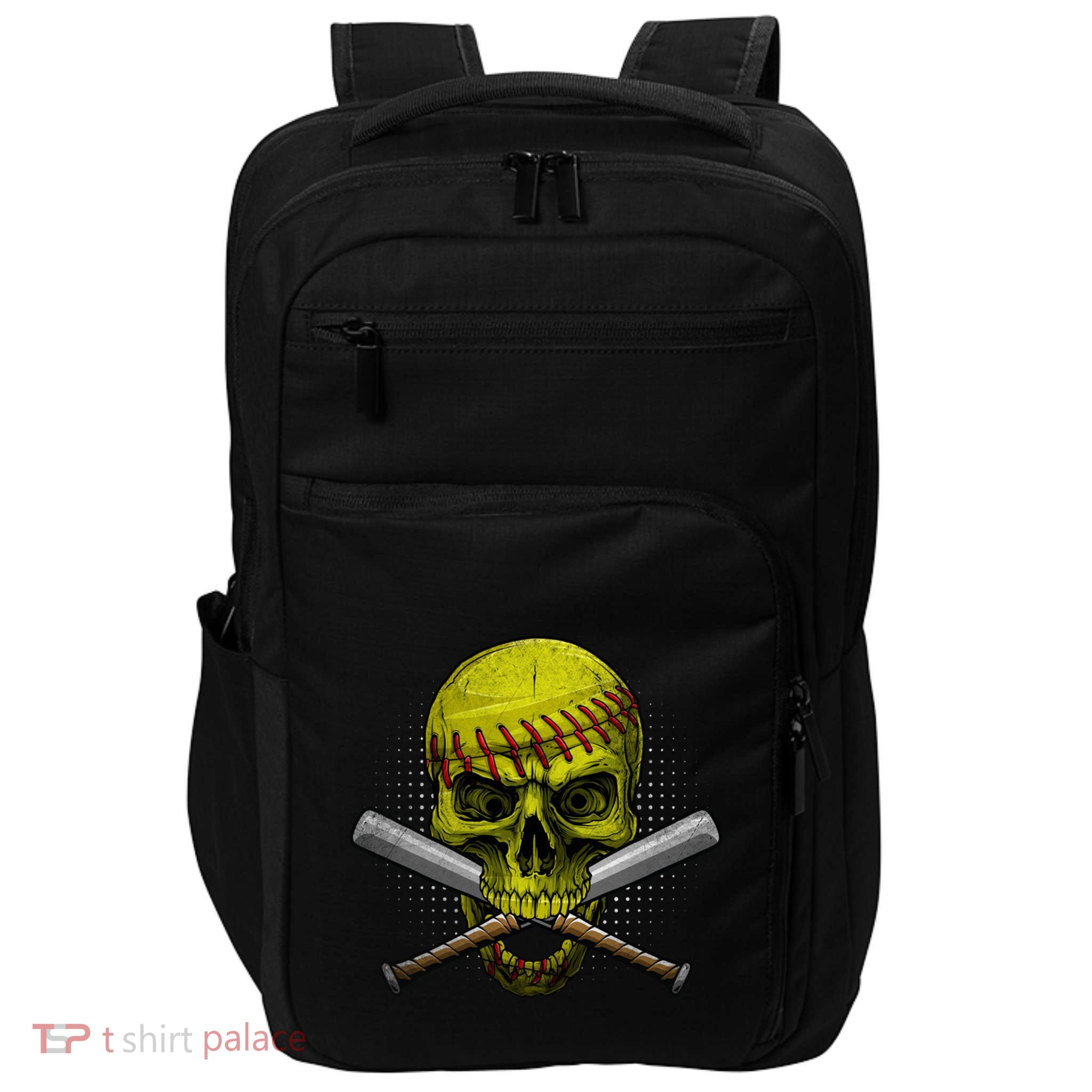 Skeleton Head Skull Softball Ball And Bats Happy Halloween Day Gift Impact Tech Backpack