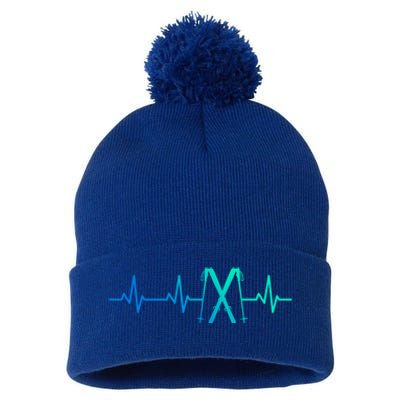 Skiing Heartbeat Skiing Enthusiast Gift Pom Pom 12in Knit Beanie