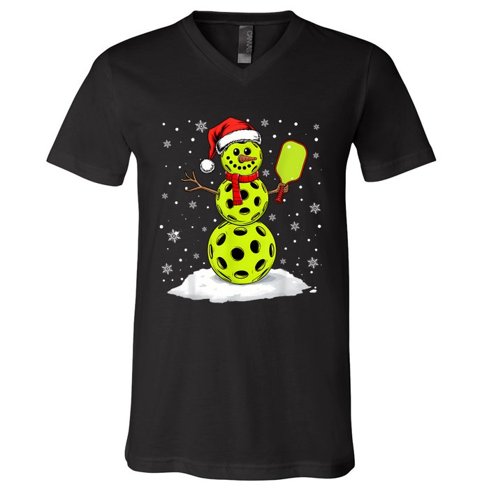 Santa Hat Snowman Xmas Funny Pickleball Lover Christmas V-Neck T-Shirt