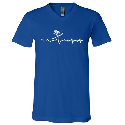 Skier Heartbeat Ski Instructor Winter Sport Skiing Ski Gift V-Neck T-Shirt