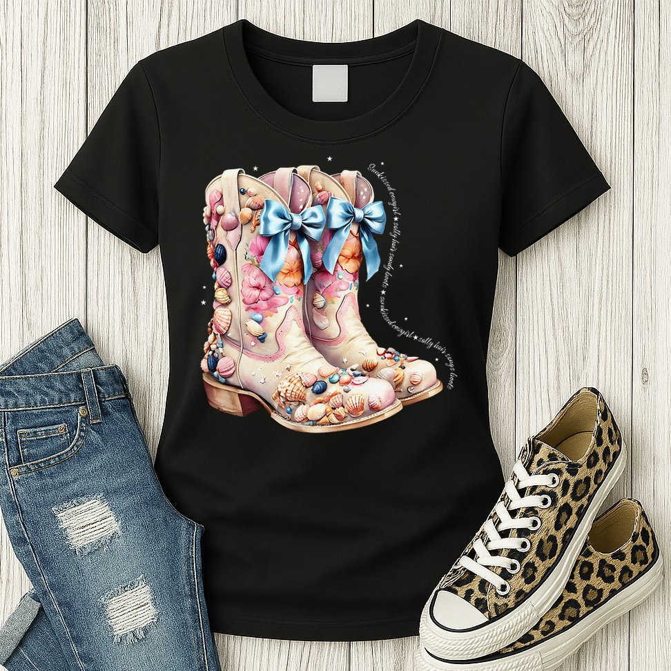 Slty Hair Sandy Boots Western Summer Cowgirl Western Womens T-Shirt