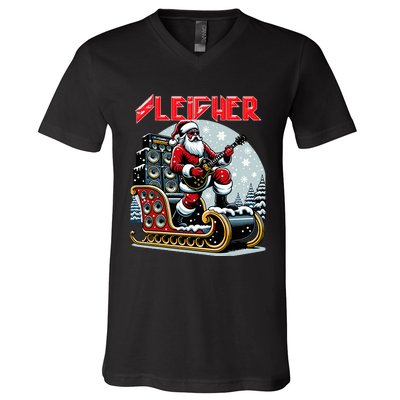 Sleigher Hail Santa Heavy Metal Christmas Rock Xmas Art  V-Neck T-Shirt