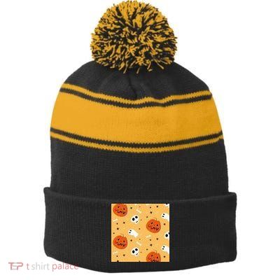 Spooky Halloween Skull Ghost Cartoon Stripe Pom Pom Beanie