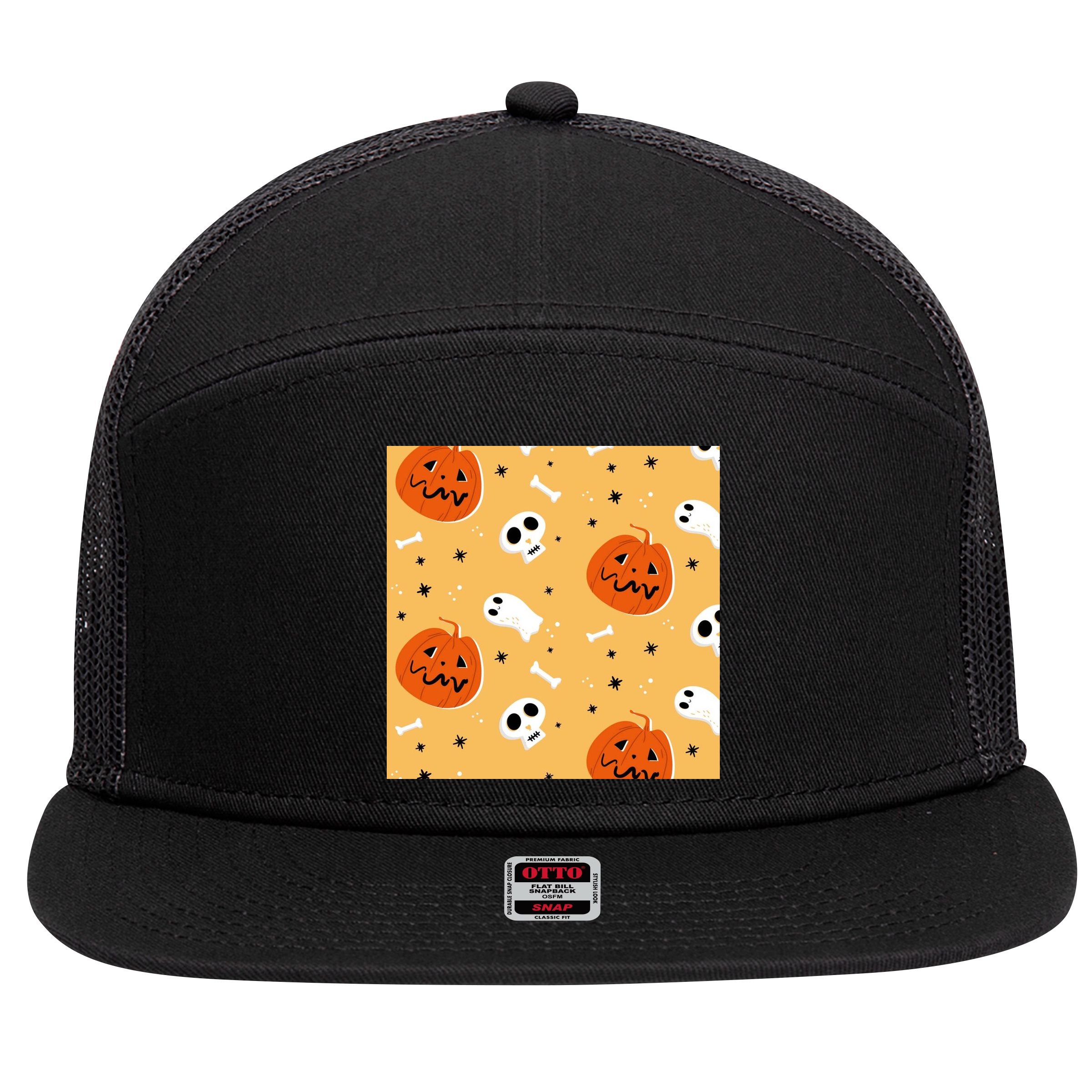 Spooky Halloween Skull Ghost Cartoon 7 Panel Mesh Trucker Snapback Hat