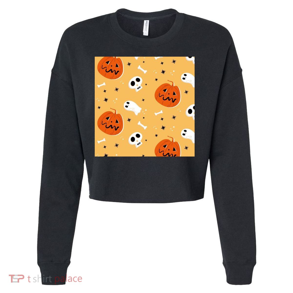 Spooky Halloween Skull Ghost Cartoon Cropped Pullover Crew
