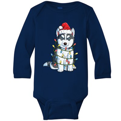 Siberian Husky Santa Christmas Tree Lights Xmas Funny Gift Boys Great Gift Baby Long Sleeve Bodysuit