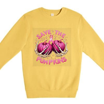 Skeleton Halloween Save The Pumpkins Breast Cancer Awareness Gift Premium Crewneck Sweatshirt