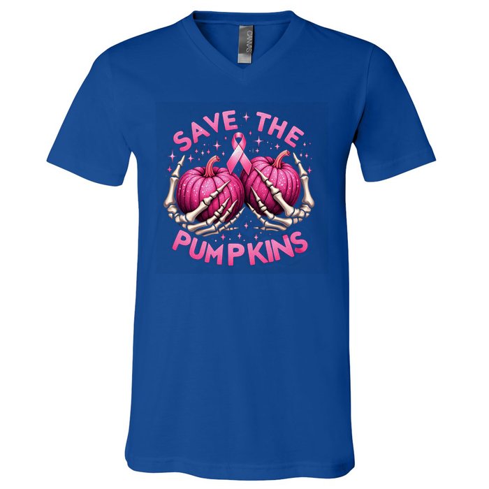 Skeleton Halloween Save The Pumpkins Breast Cancer Awareness Gift V-Neck T-Shirt