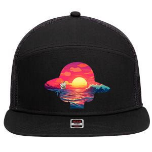 Straw Hat Sunset Pirate Ship Custom Design Anime 7 Panel Mesh Trucker Snapback Hat