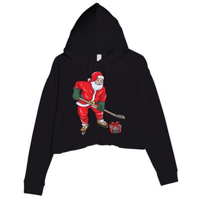 Santa Hockey Santa Playing Hockey Santa Hockey Player Gift Crop Fleece Hoodie