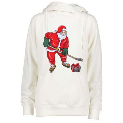 Santa Hockey Santa Playing Hockey Santa Hockey Player Gift Womens Funnel Neck Pullover Hood