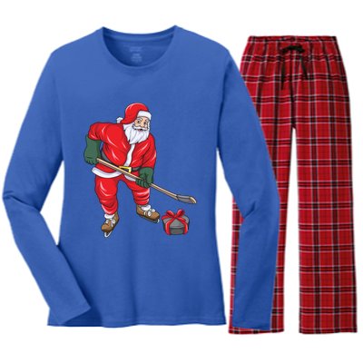 Santa Hockey Santa Playing Hockey Santa Hockey Player Gift Women's Long Sleeve Flannel Pajama Set 