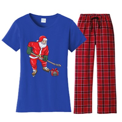 Santa Hockey Santa Playing Hockey Santa Hockey Player Gift Women's Flannel Pajama Set