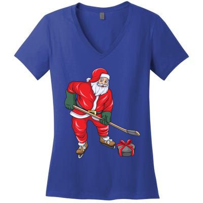 Santa Hockey Santa Playing Hockey Santa Hockey Player Gift Women's V-Neck T-Shirt