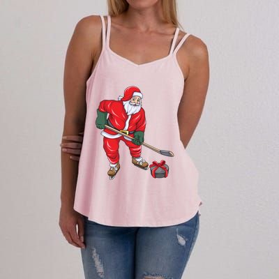 Santa Hockey Santa Playing Hockey Santa Hockey Player Gift Women's Strappy Tank