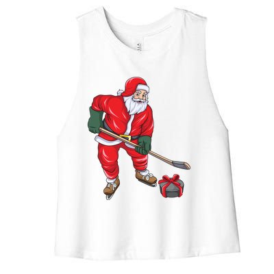 Santa Hockey Santa Playing Hockey Santa Hockey Player Gift Women's Racerback Cropped Tank