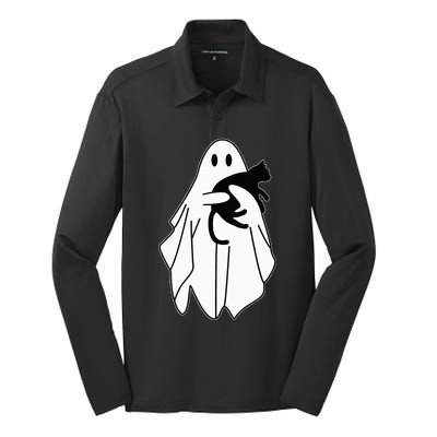 Spooky Halloween Spirit with a Playful Black Cat Silk Touch Performance Long Sleeve Polo